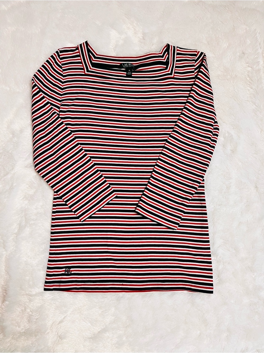 Lauren Ralph Lauren Red, Black & White Striped Boatneck Top